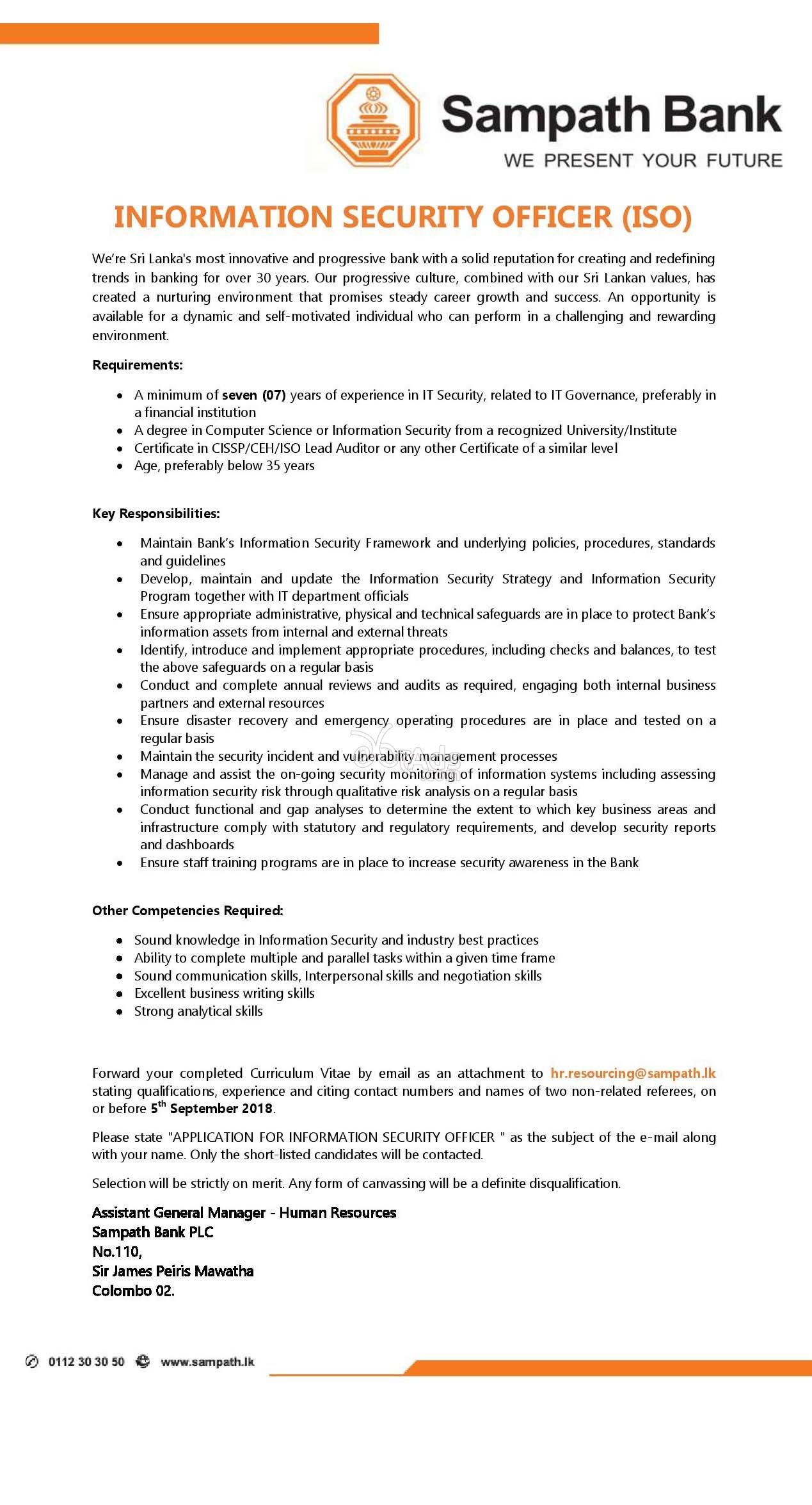 Information Security Officer Vacancy At Sampath Bank Colombo 02
