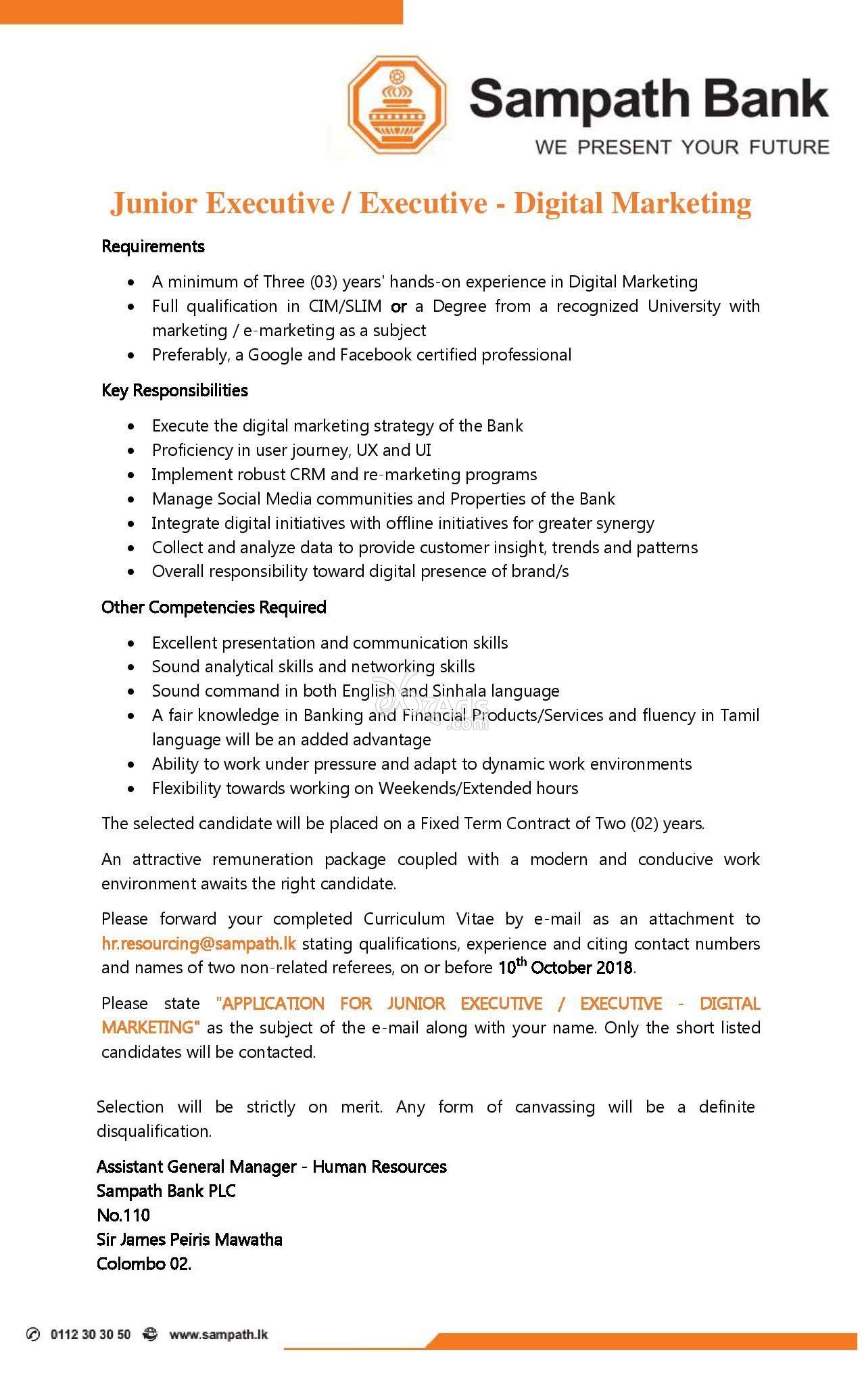 Executive Digital Marketing Vacancy At Sampath Bank Plc Colombo 02