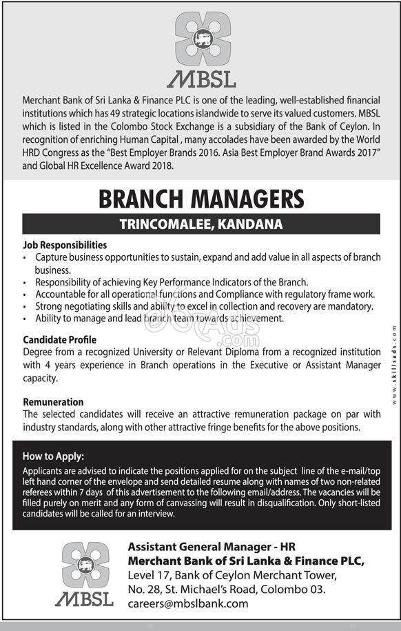 Branch Manager Vacancy At Merchant Bank Of Sri Lanka Finance Plc
