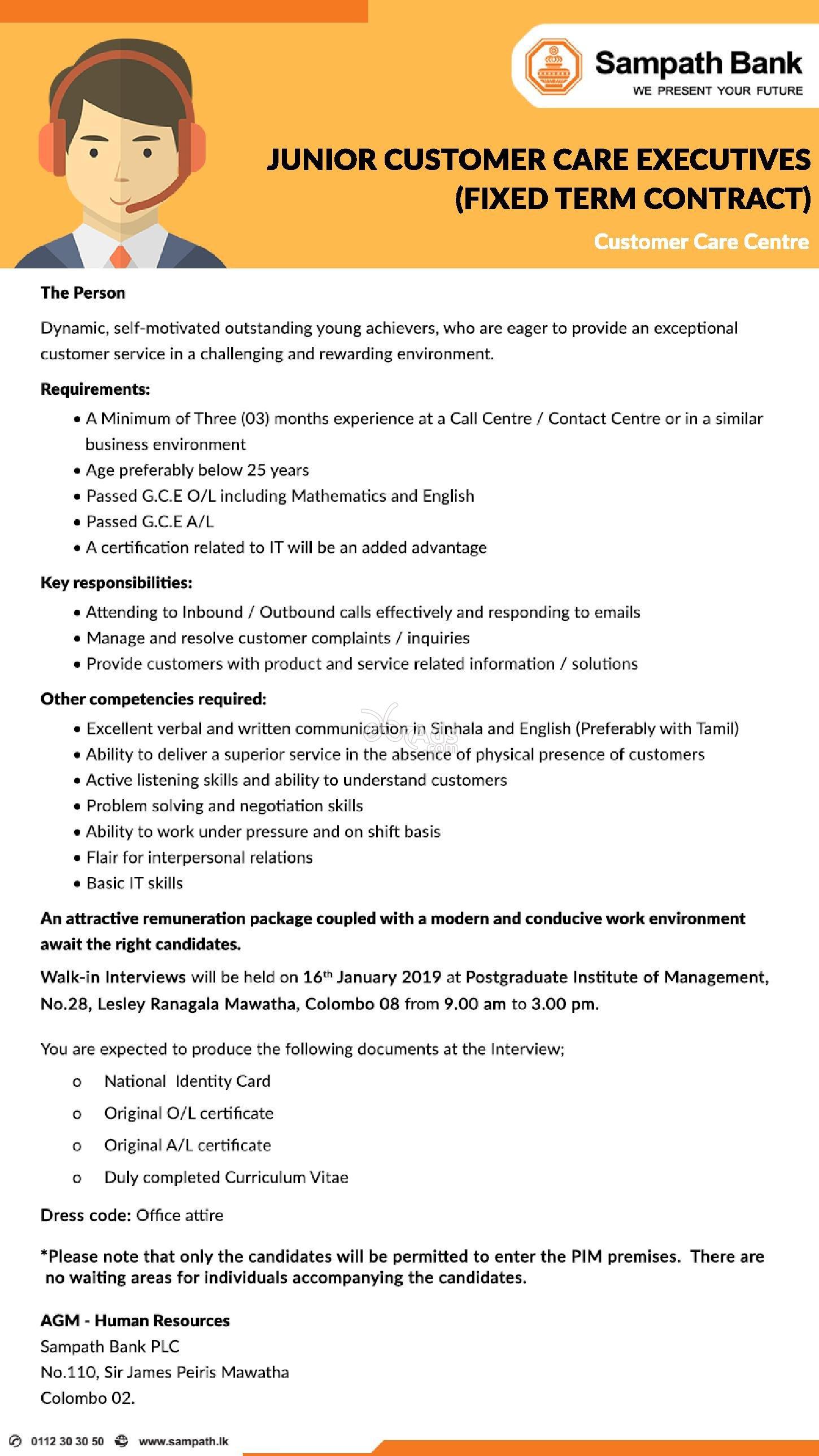 Junior Customer Care Executive Vacancy At Sampath Bank Colombo 02
