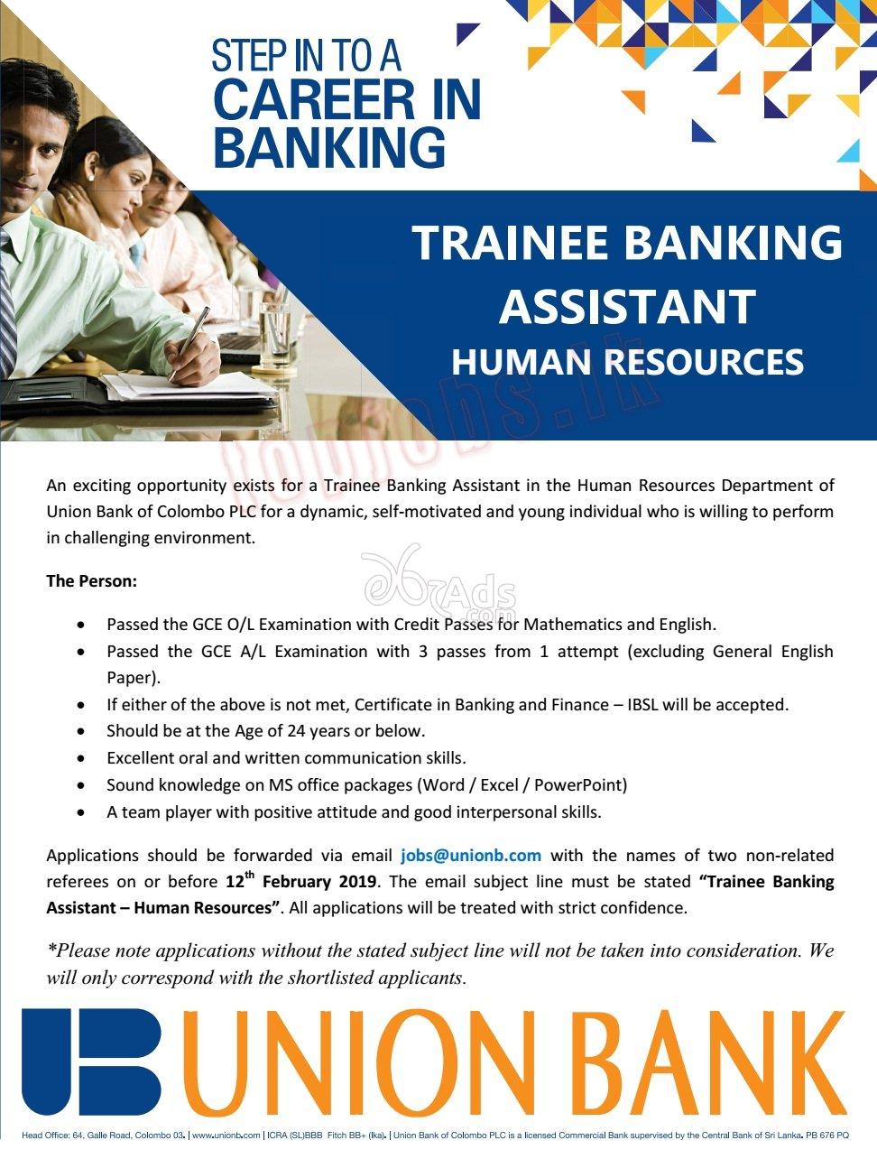 Trainee Banking Assistant Vacancies At Union Bank Colombo