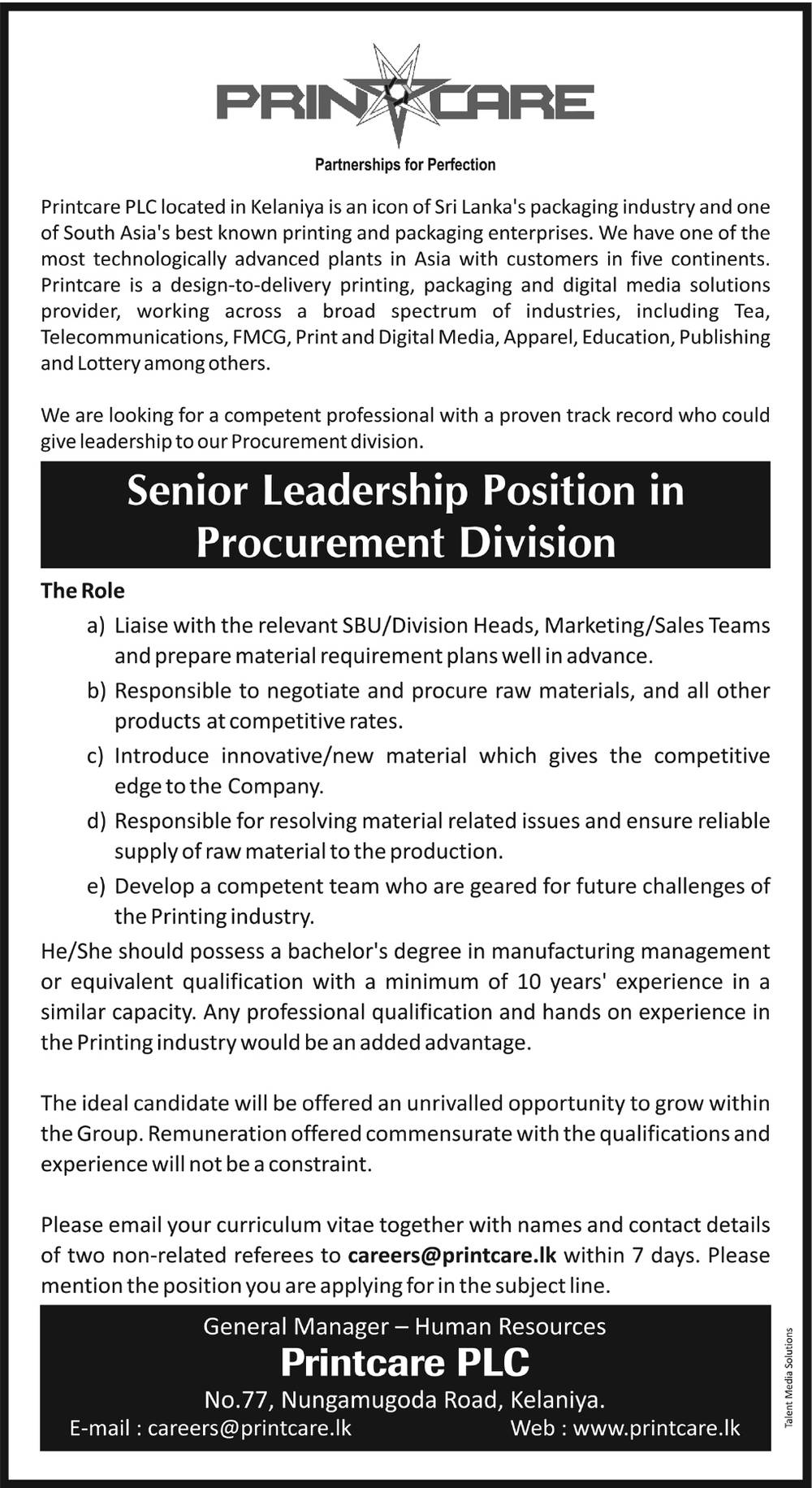 Senior Leadership Position - Printcare PLC