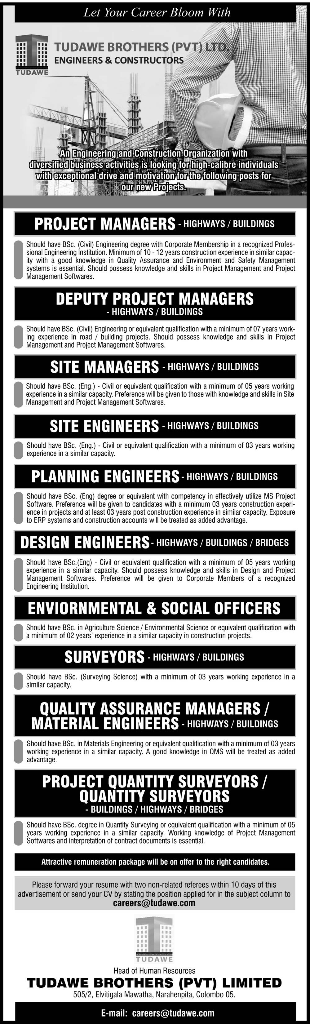 Project Manager, Site Manager, Planning Engineer - Tudawe Brothers (Pvt) Ltd