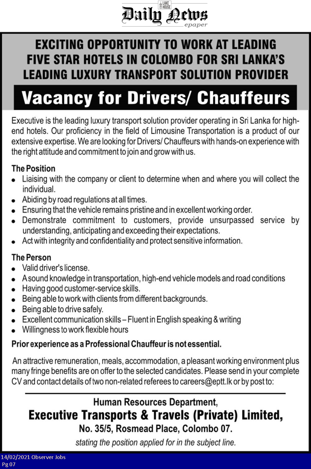 Driver, Chauffeur Executive Premium Transport and Travels (Pvt) Ltd