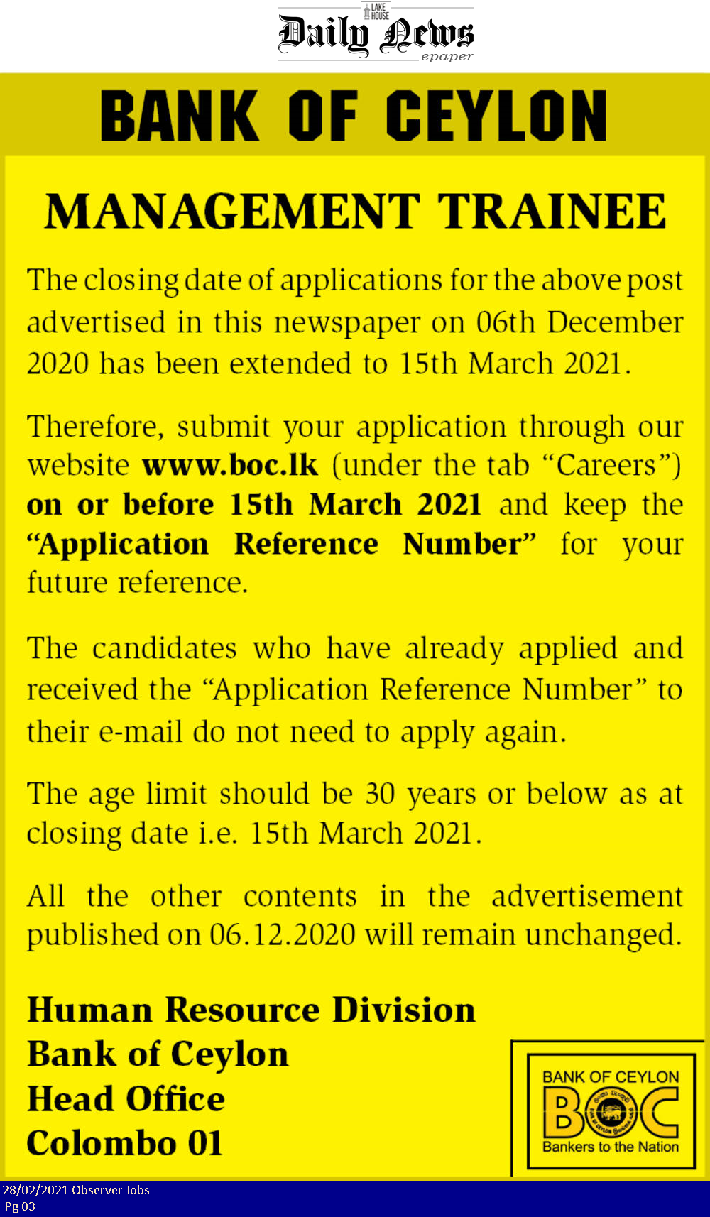 Management Trainee - Bank of Ceylon