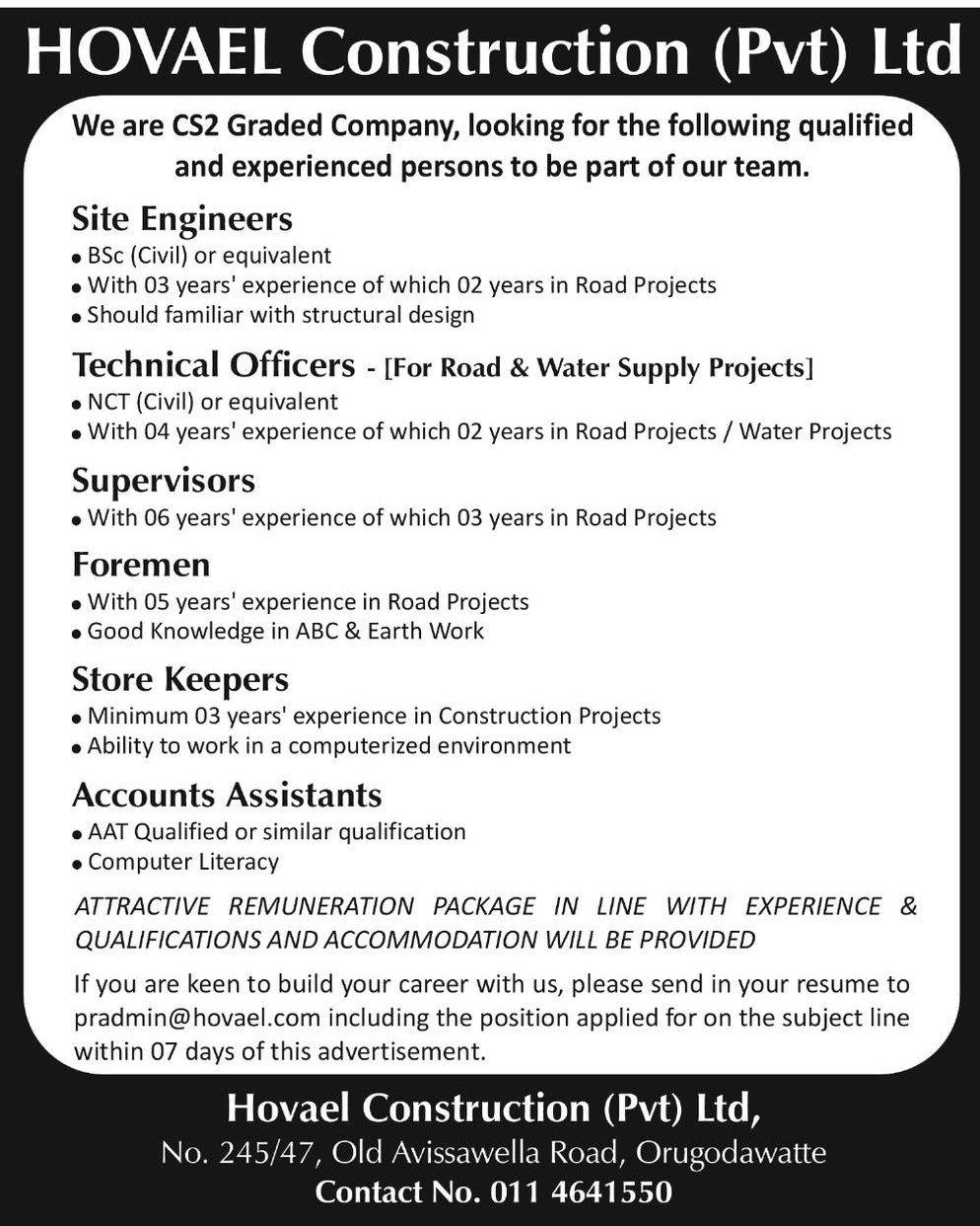 Site Engineer, Technical Officer - Hovael Construction (Pvt) Ltd