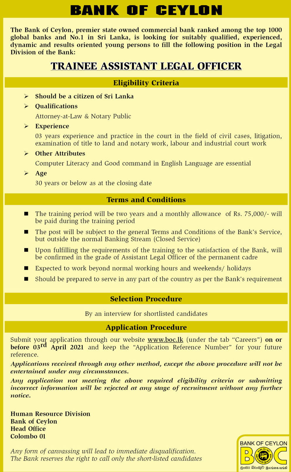 Trainee Assistant Legal Officer - Bank of Ceylon