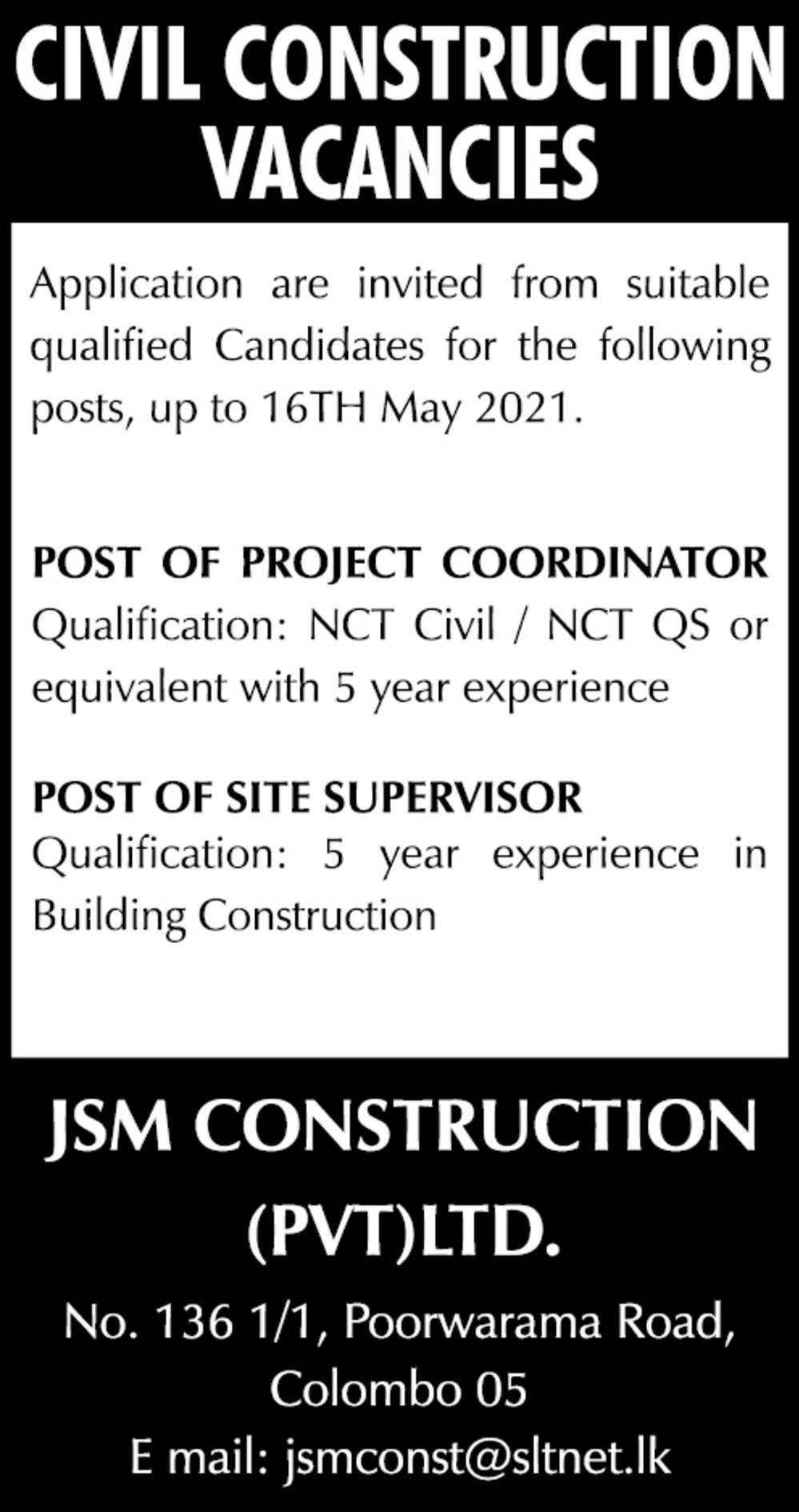 Project Coordinator Site Supervisor J S M Construction Pvt Ltd