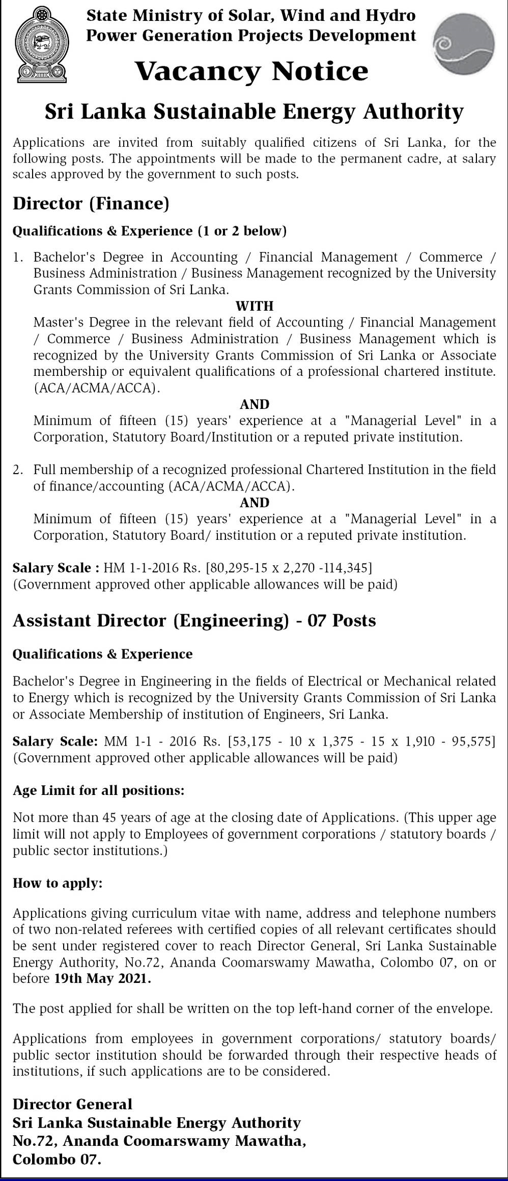 Director, Assistant Director - Sri Lanka Sustainable Energy Authority -  Colombo 07