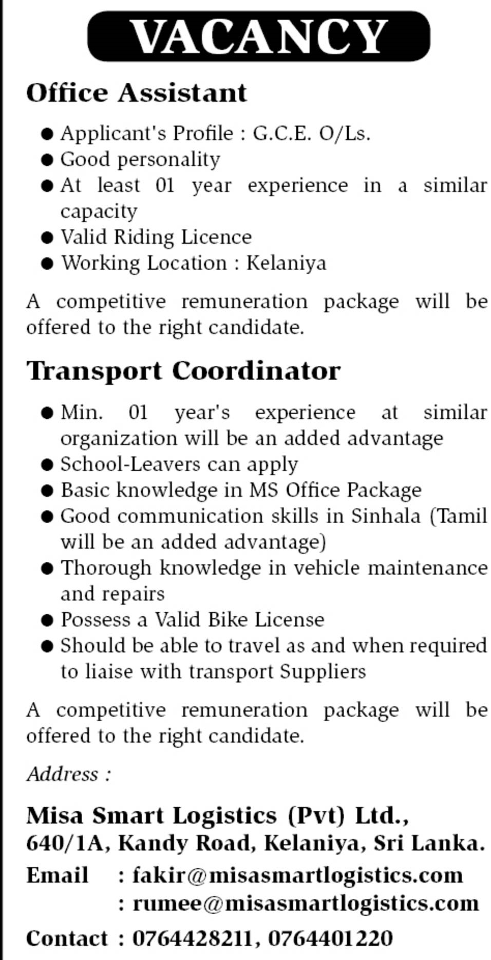 Office Assistant, Transport Coordinator - Misa Smart Logistics (Pvt) Ltd