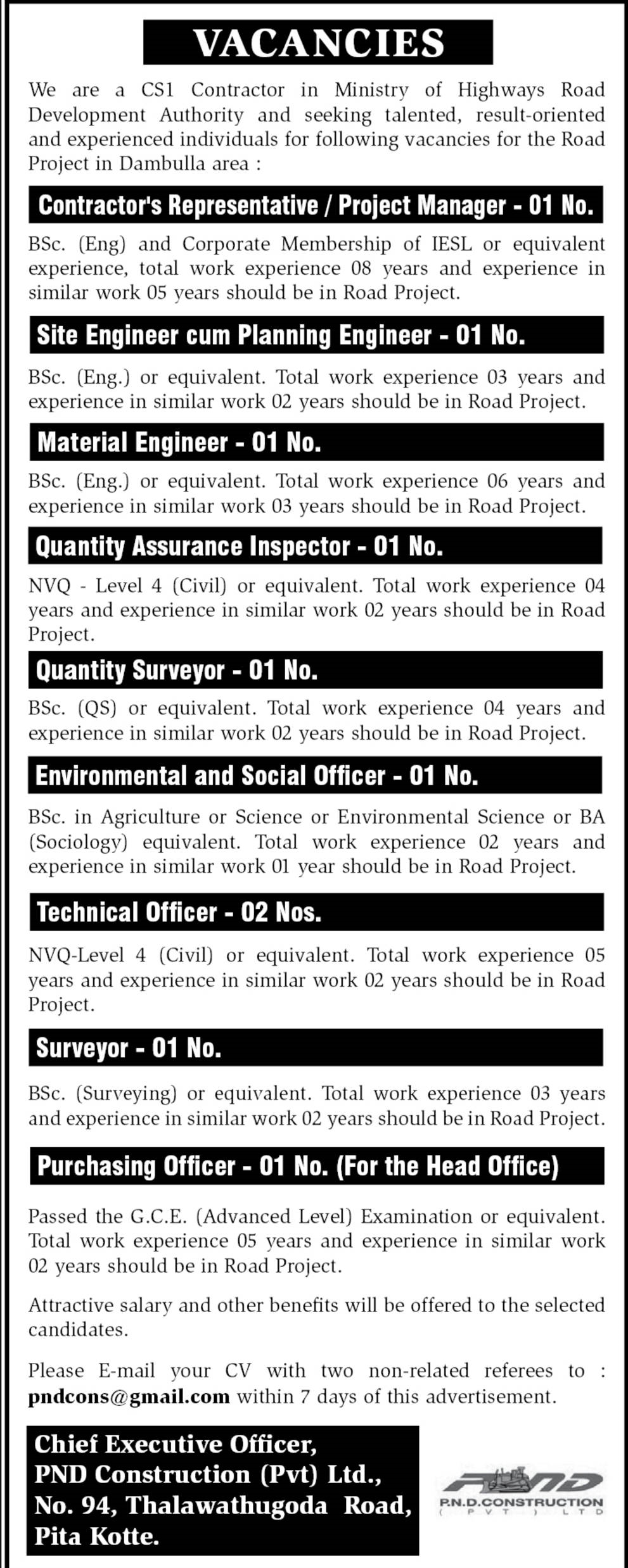Project Manager, Engineer, Quantity Assurance Inspector, Quantity Surveyor  - PND Construction (Pvt) Ltd