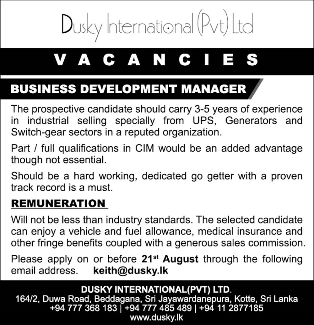 Business Development Manager - Dusky International (pvt) ltd