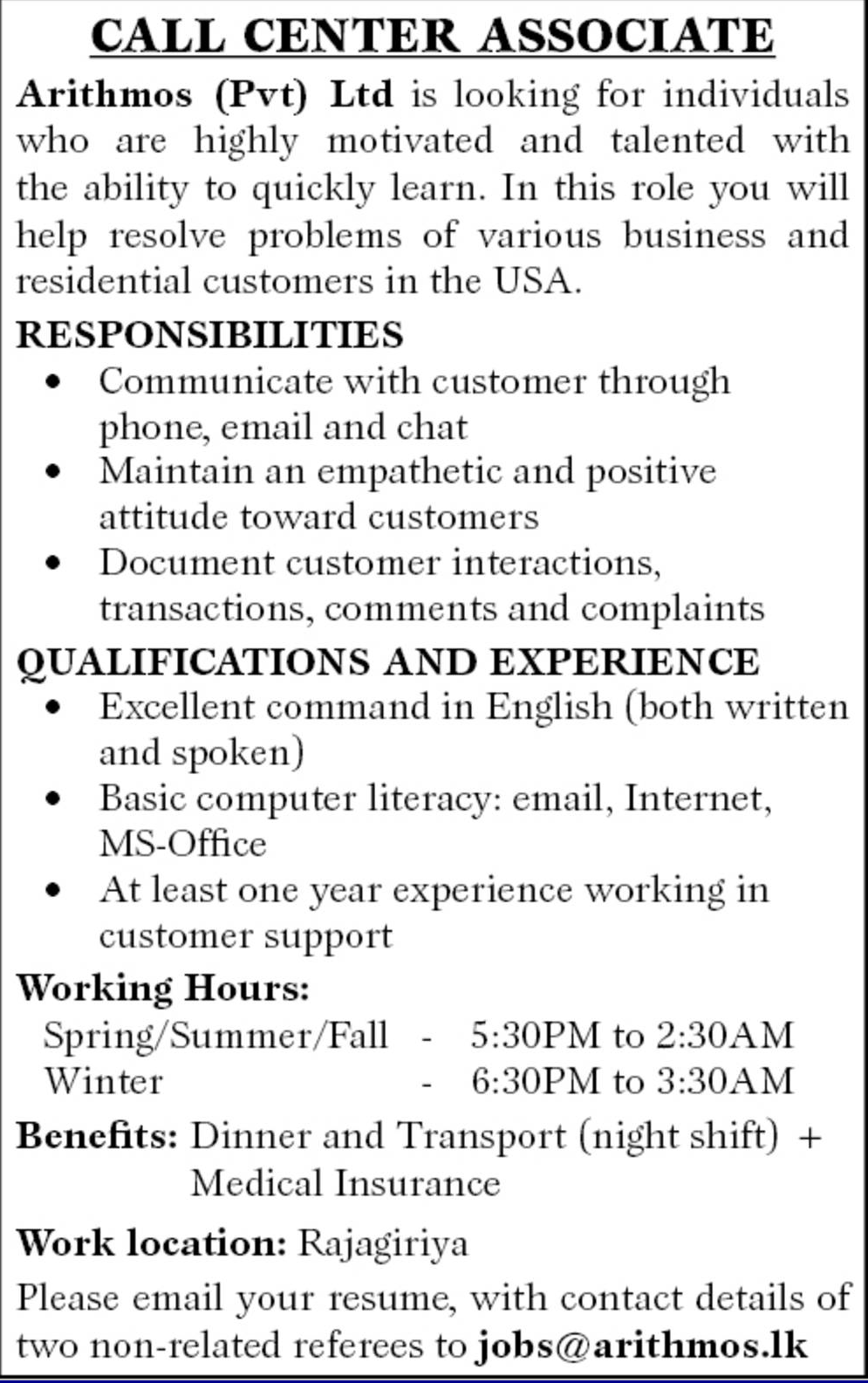 Call Center Associate - Arithmos (Pvt) Ltd