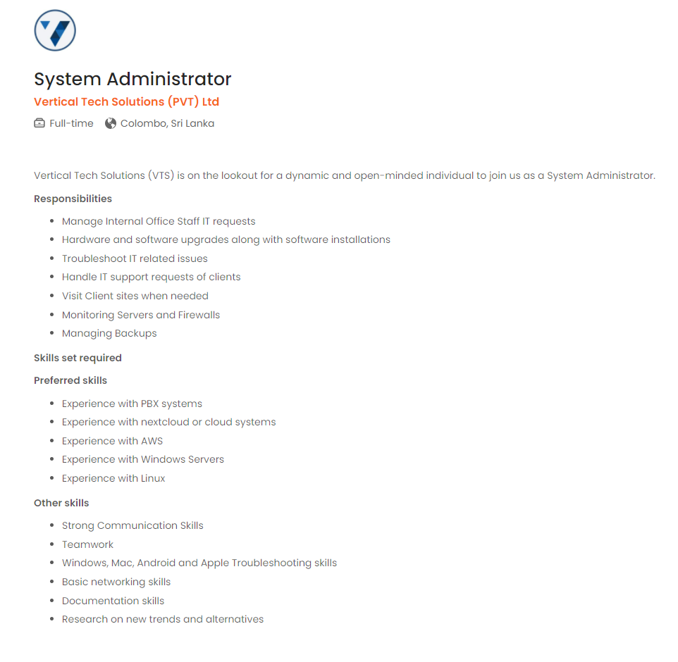 System Administrator - Vertical Tech Solutions (Pvt) Ltd