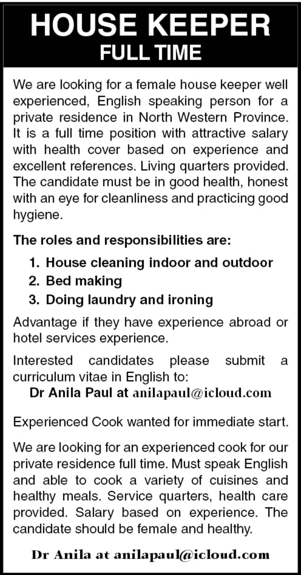Housekeeper, Cook