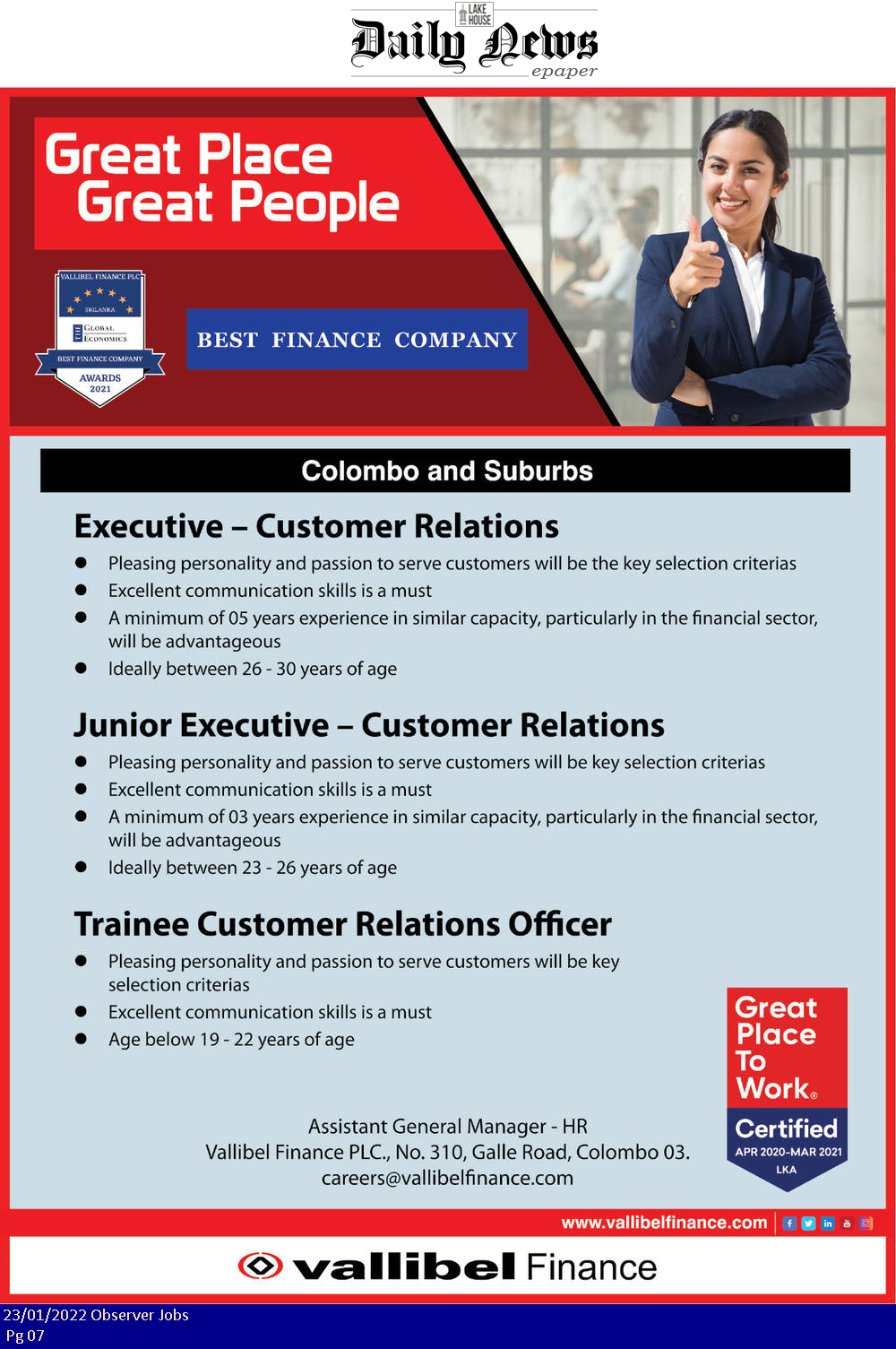 Executive, Junior Executive, Customer Relation Officer - Vallibel Finance PLC