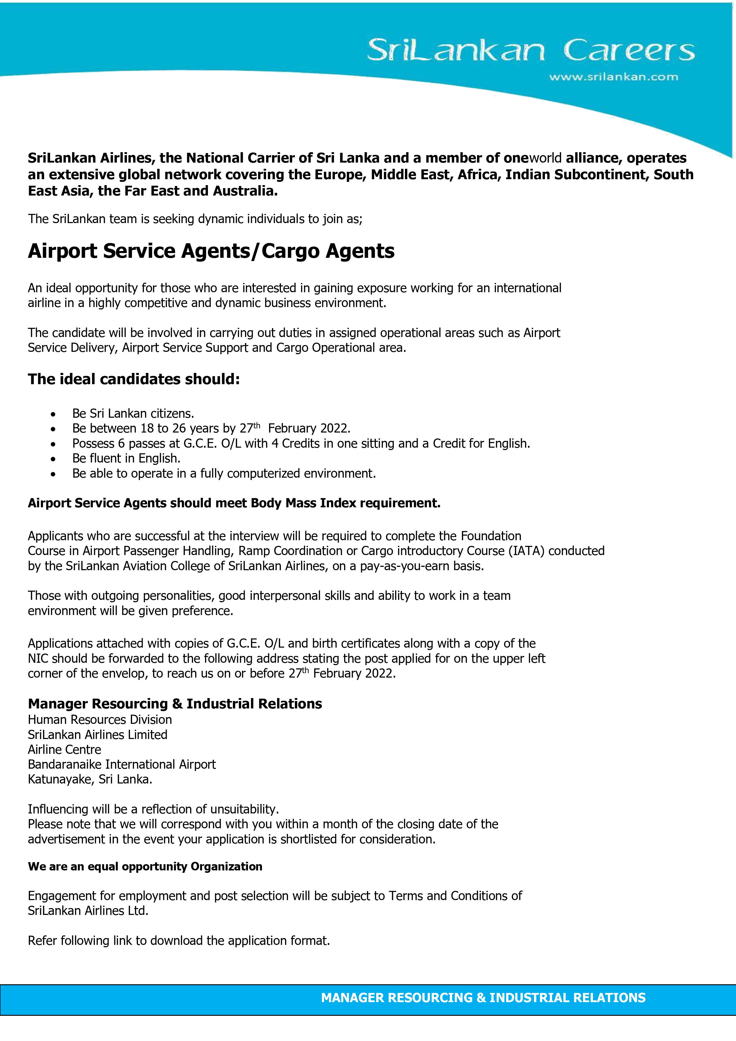 Airport Service Agent - SriLankan Airlines
