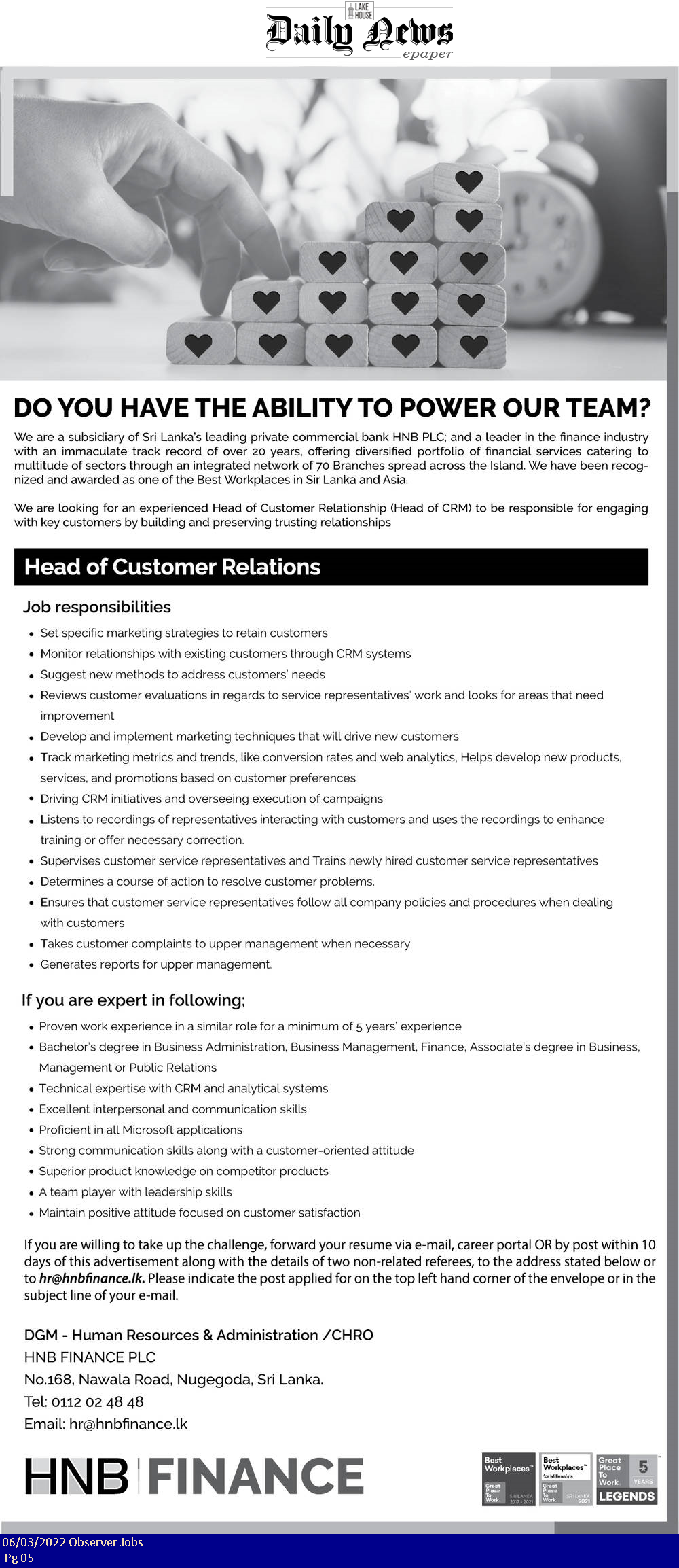 Customer Relation Officer - Hatton National Bank
