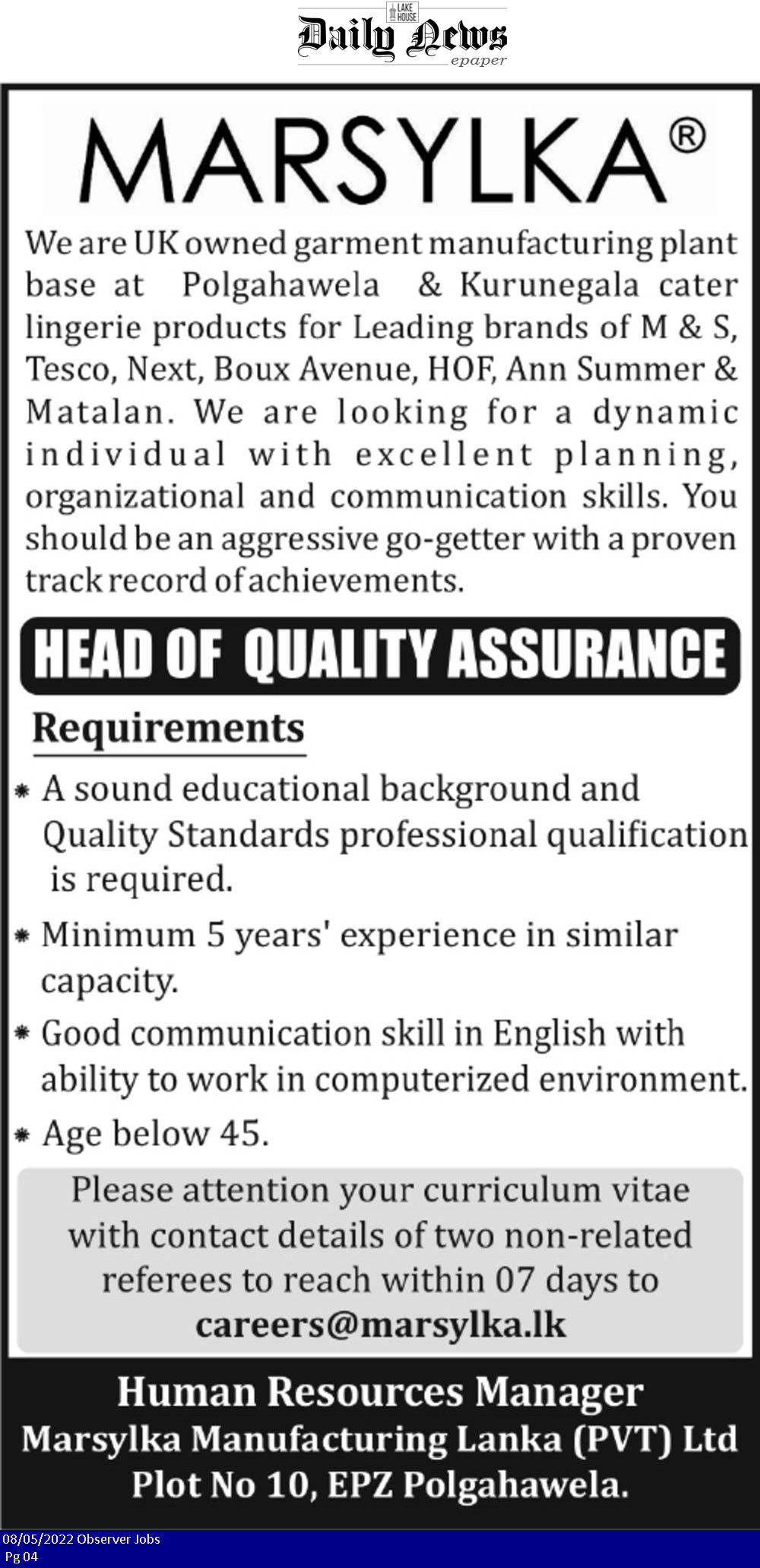 Head of Quality Assurance - Marsylka Manufacturing Lanka (Pvt) Ltd