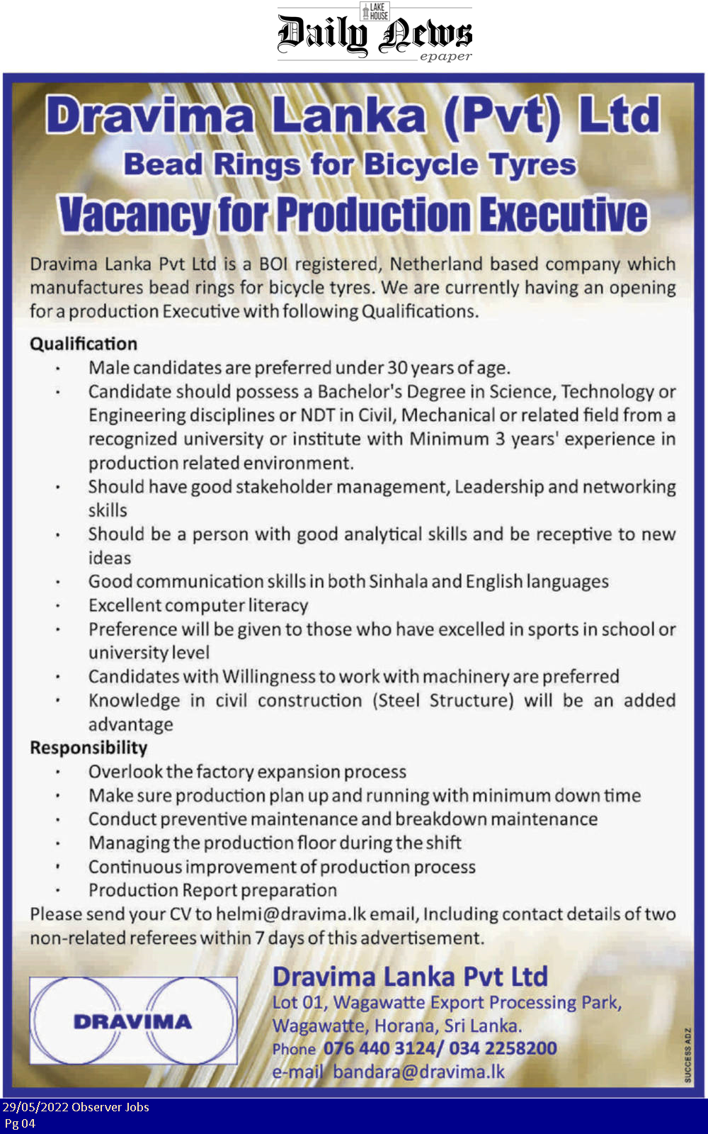 Production Executive - Dravima Lanka (Pvt) Ltd