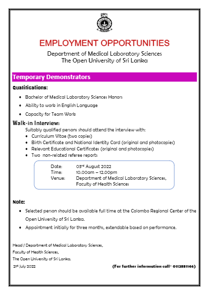 Demonstrator - Open University of Sri Lanka