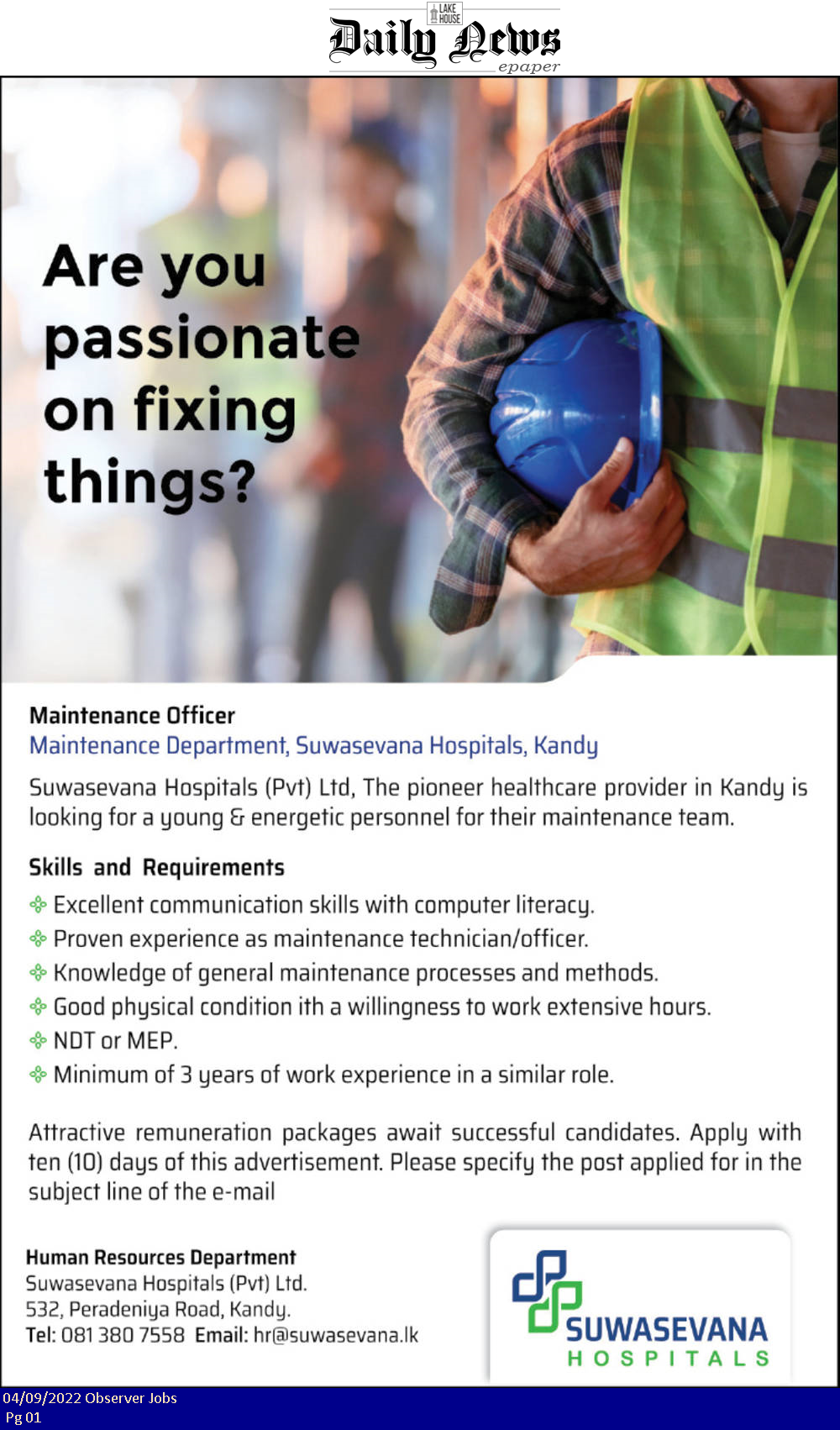 Maintenance Officer - Suwasevana Hospital