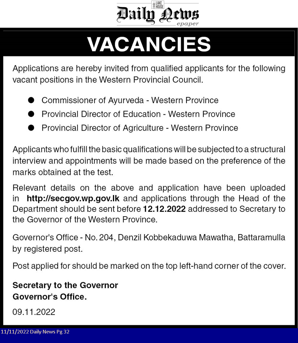 Commissioner of Ayurveda, Provincial Director - Governor's Office