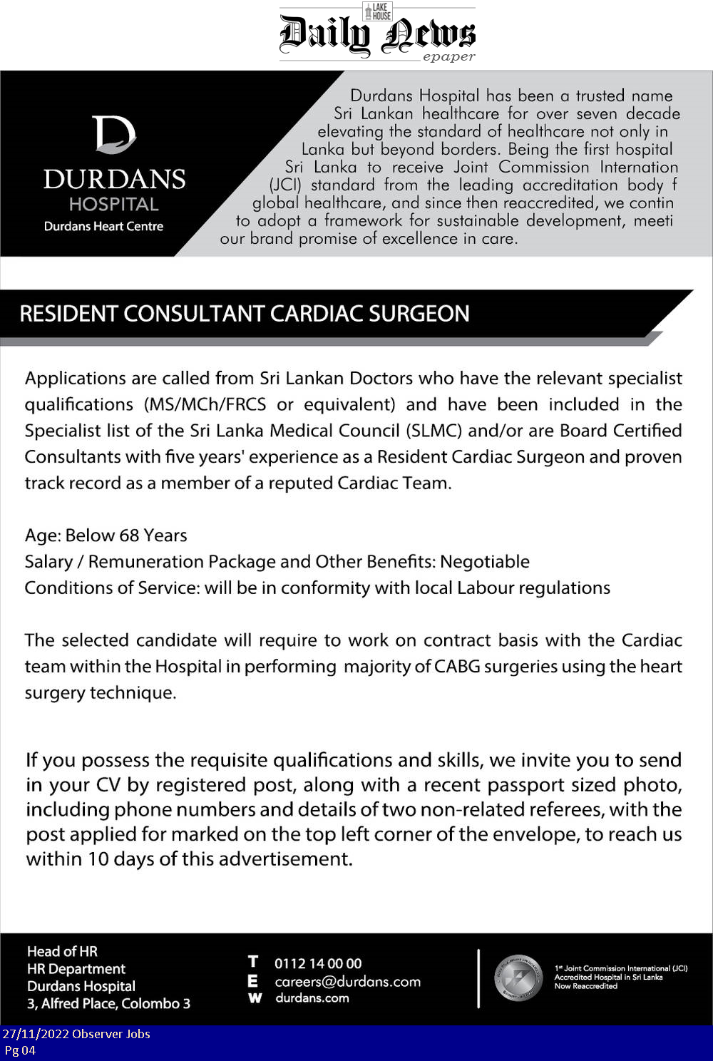 Resident Consultant Cardiac Surgeon - Durdans Hospital