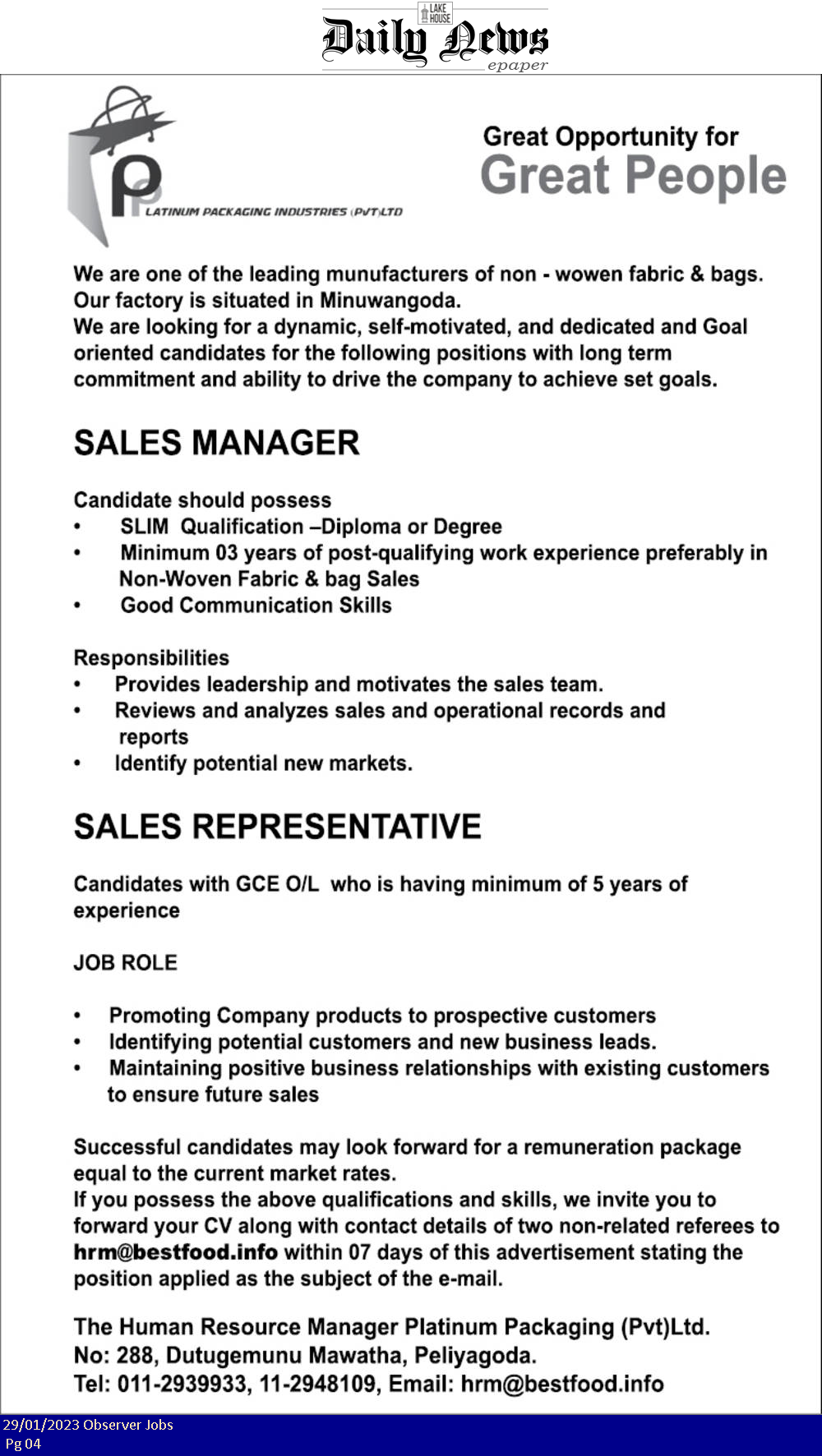 Sales Manager, Sales Representative - Platinum Packaging Industries (Pvt) Ltd