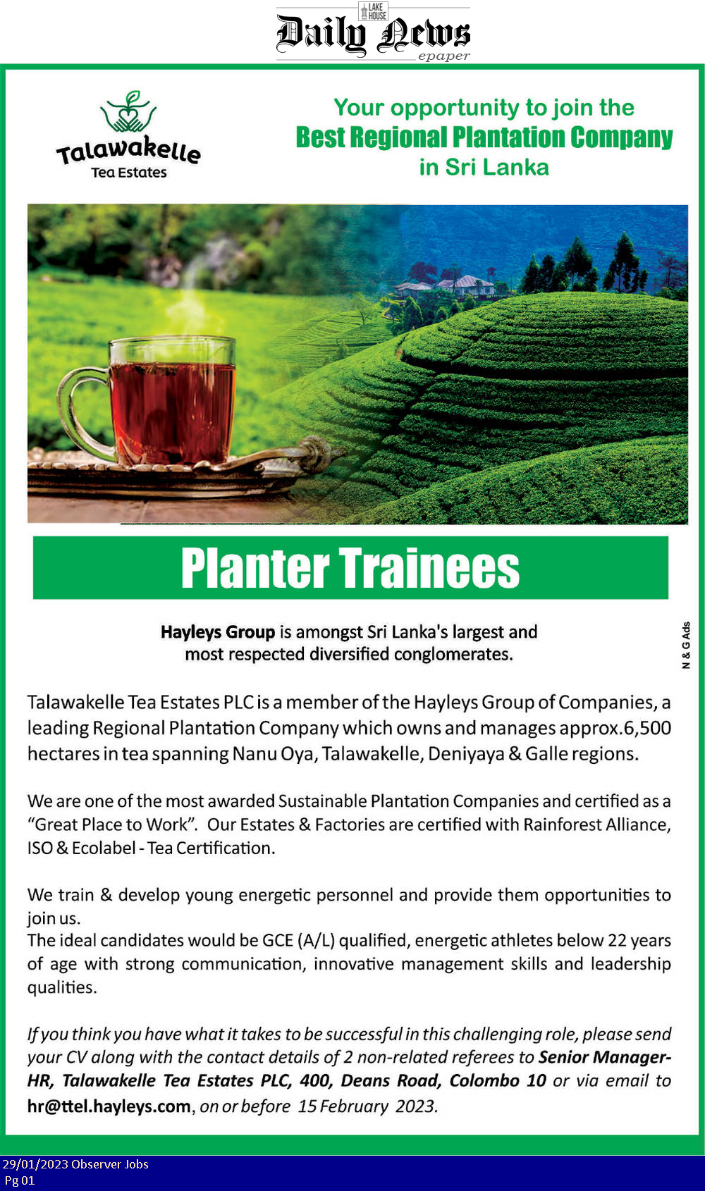 Planter Trainee - Talawakelle Tea Estates PLC