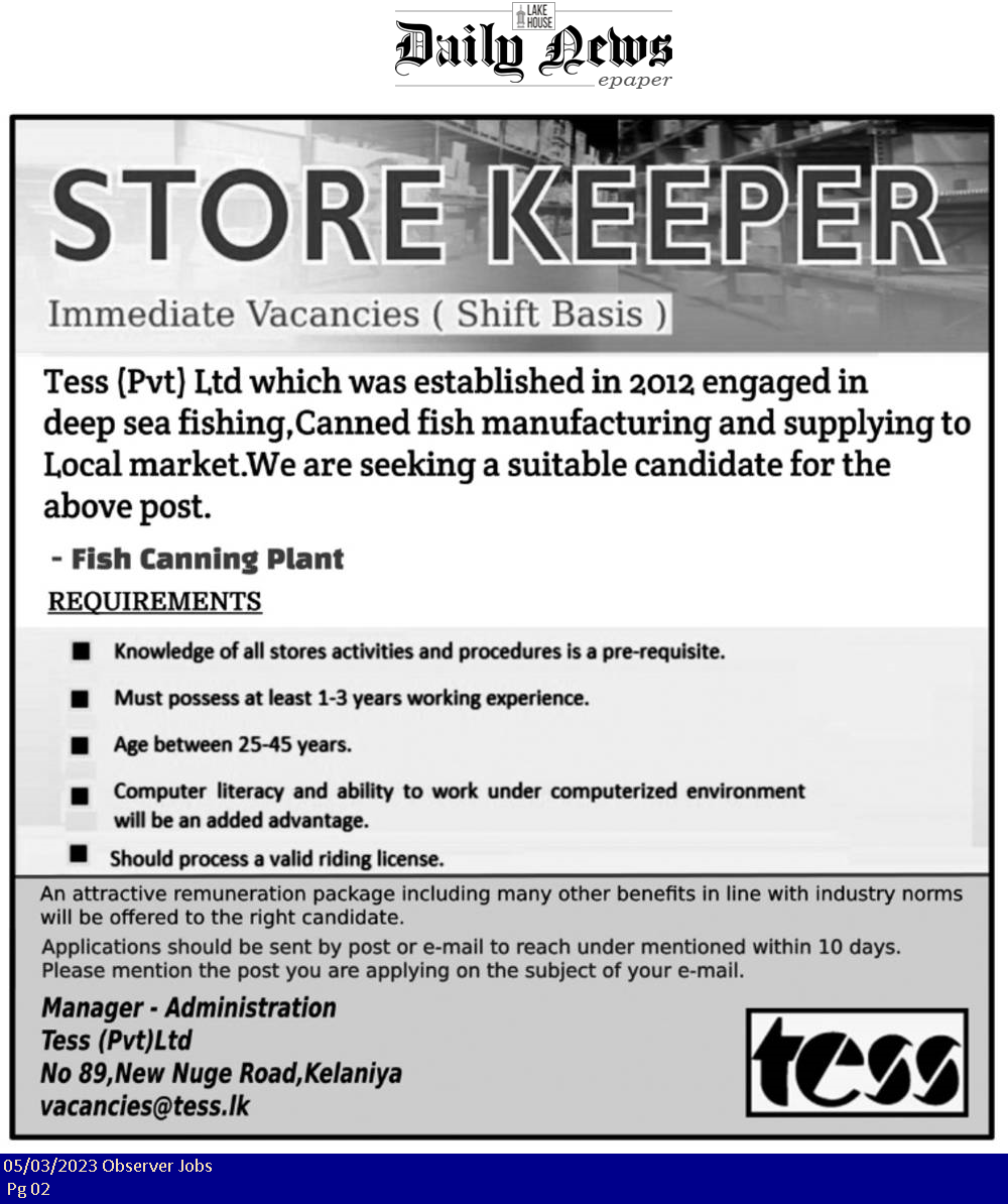 Store Keeper - Tess (Pvt) Ltd