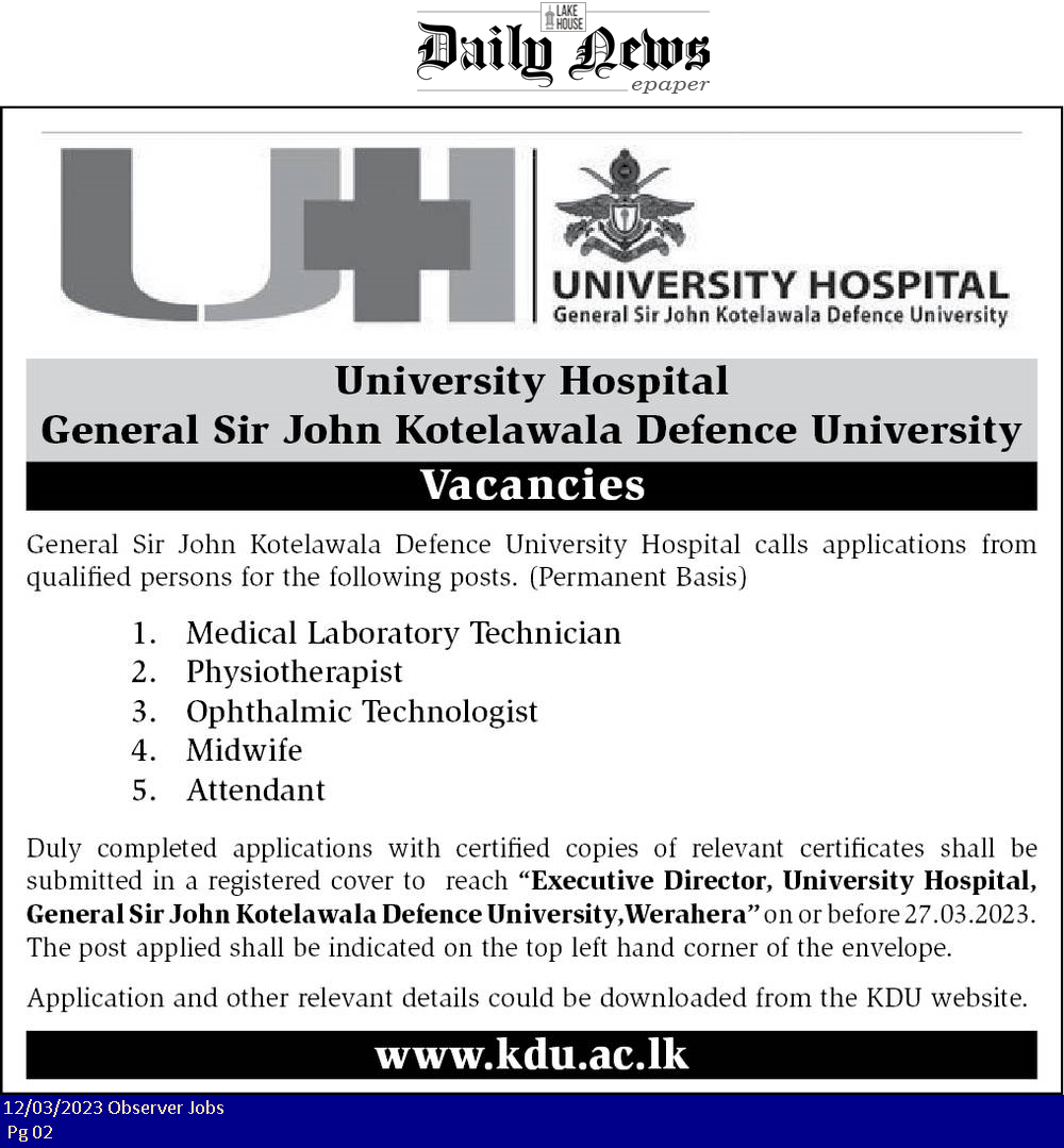 Medical Laboratory Technician, Physiotherapist - General Sir John Kotelawala Defence University