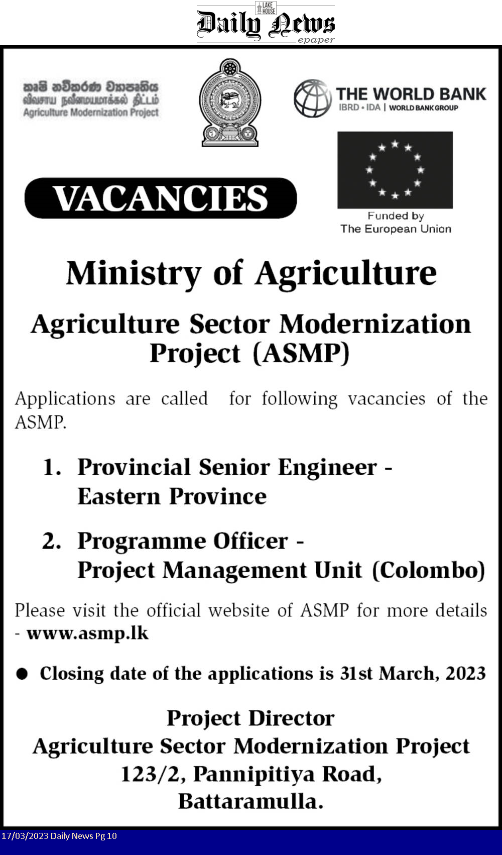 Provincial Senior Engineer, Program Officer - Ministry of Agriculture