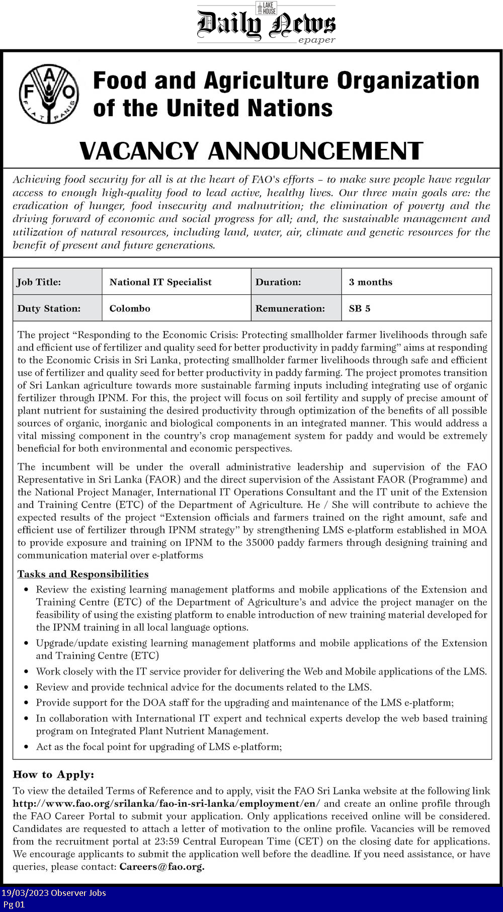 National IT Specialist - Food and Agriculture Organization of the United Nations