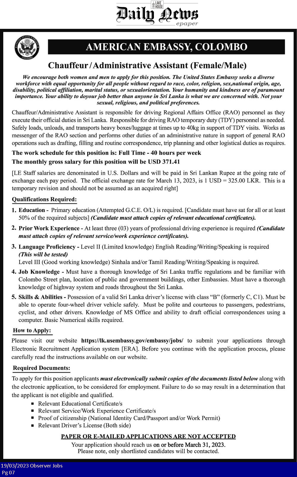 Administrative Assistant -  American Embassy