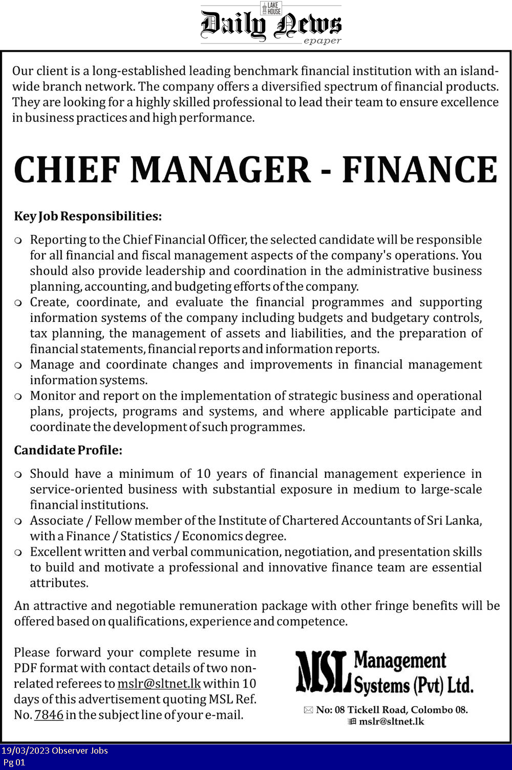 Chief Manager - Management Systems (Pvt) Ltd