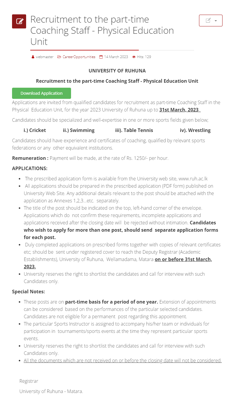 Coach - University of Ruhuna