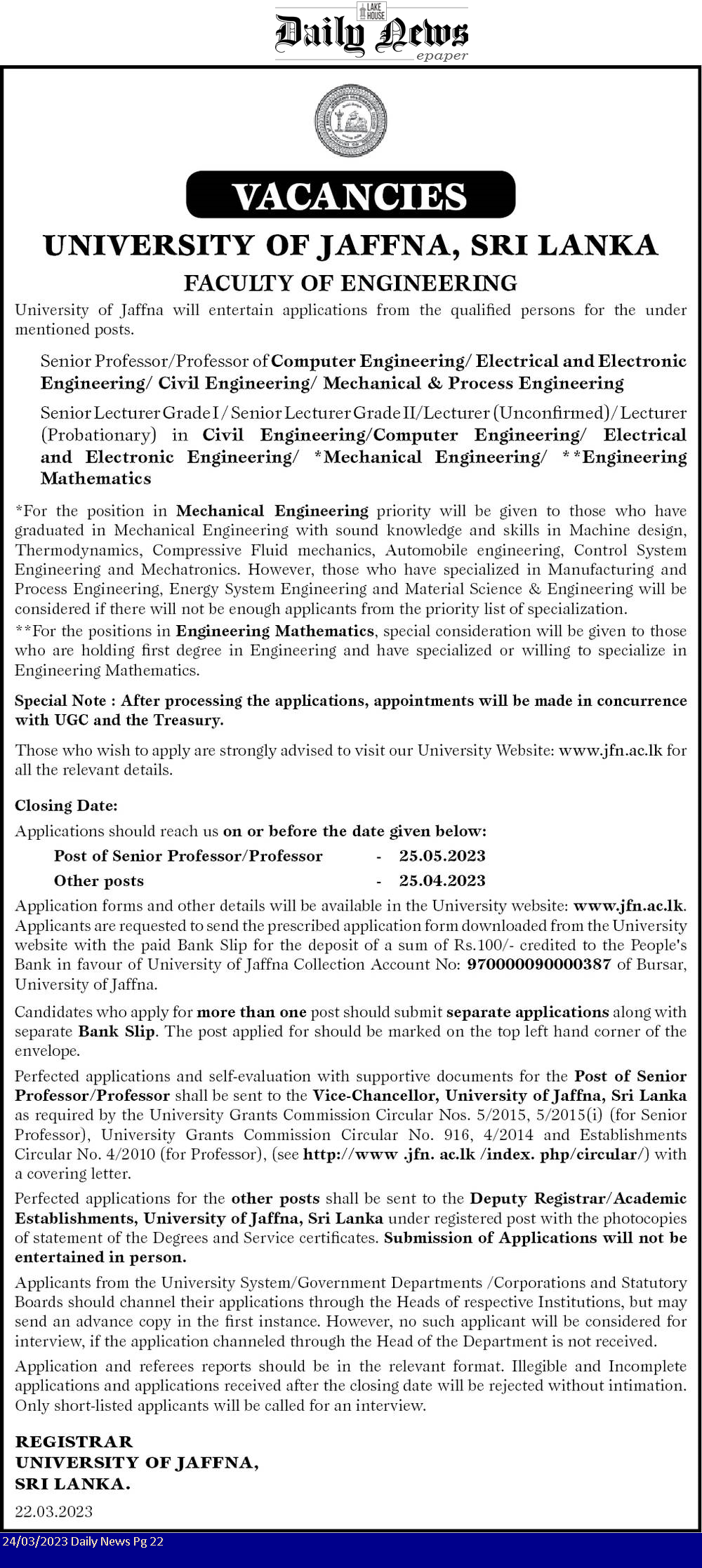 Senior Professor, Professor - University of Jaffna