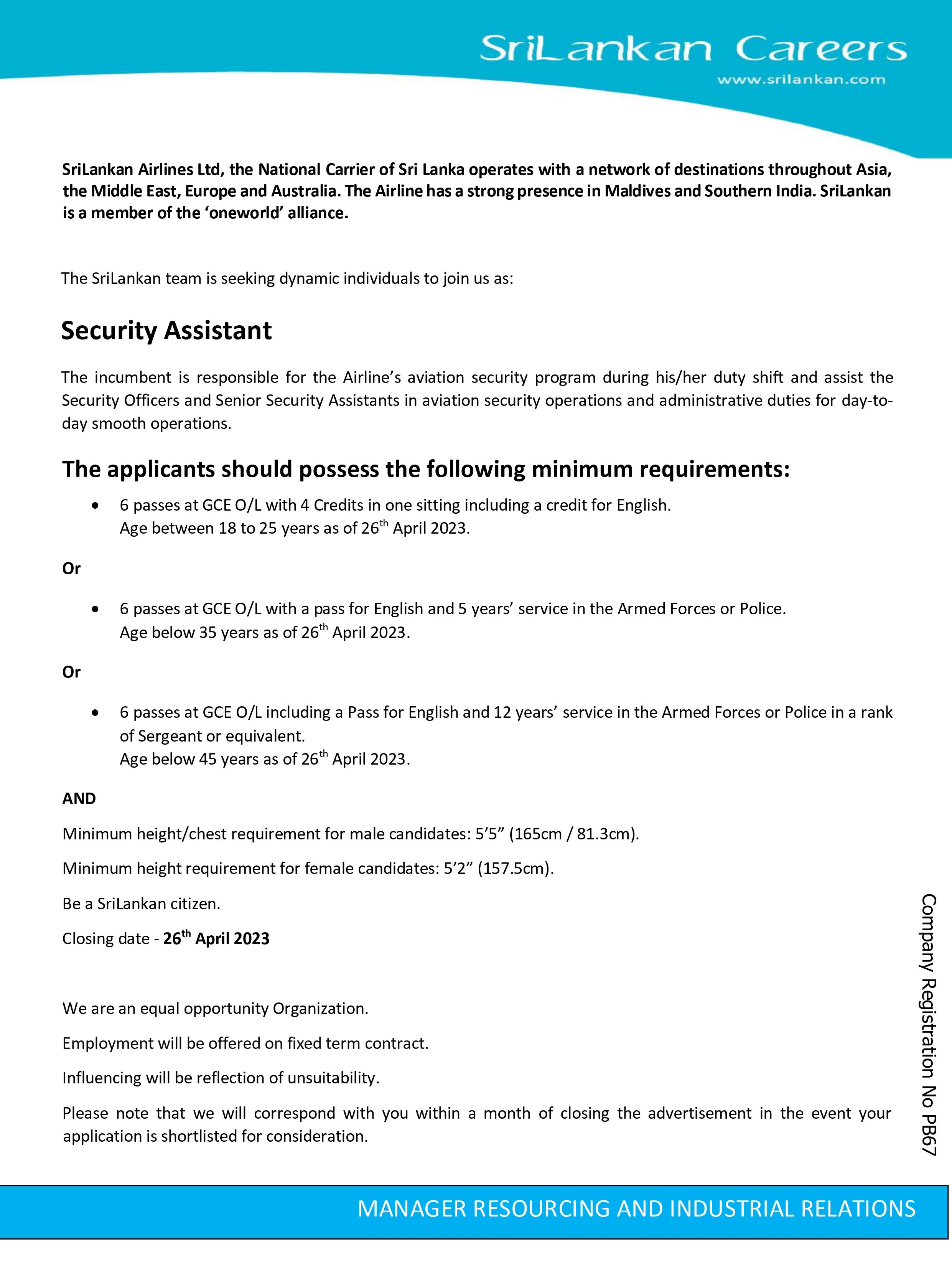 Security Assistant - SriLankan Airlines