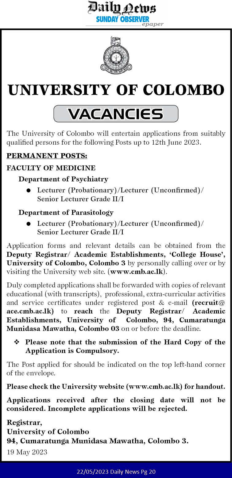 Lecturer, Senior Lecturer - University of Colombo