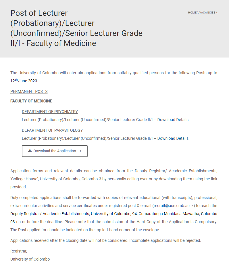 Lecturer, Senior Lecturer - University of Colombo