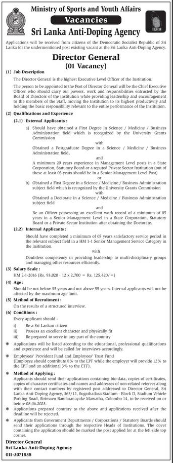 Director General - Sri Lanka Anti-Doping Agency