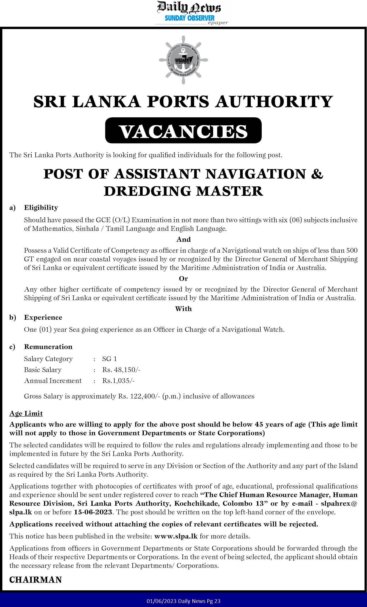 Navigation Assistant, Dredge Master - Sri Lanka Ports Authority