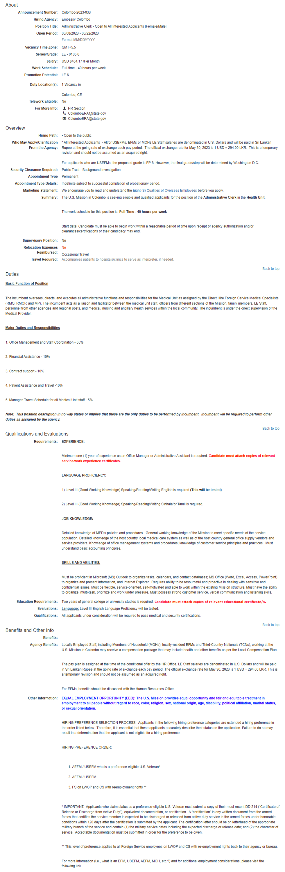 Administrative Clerk - American Embassy