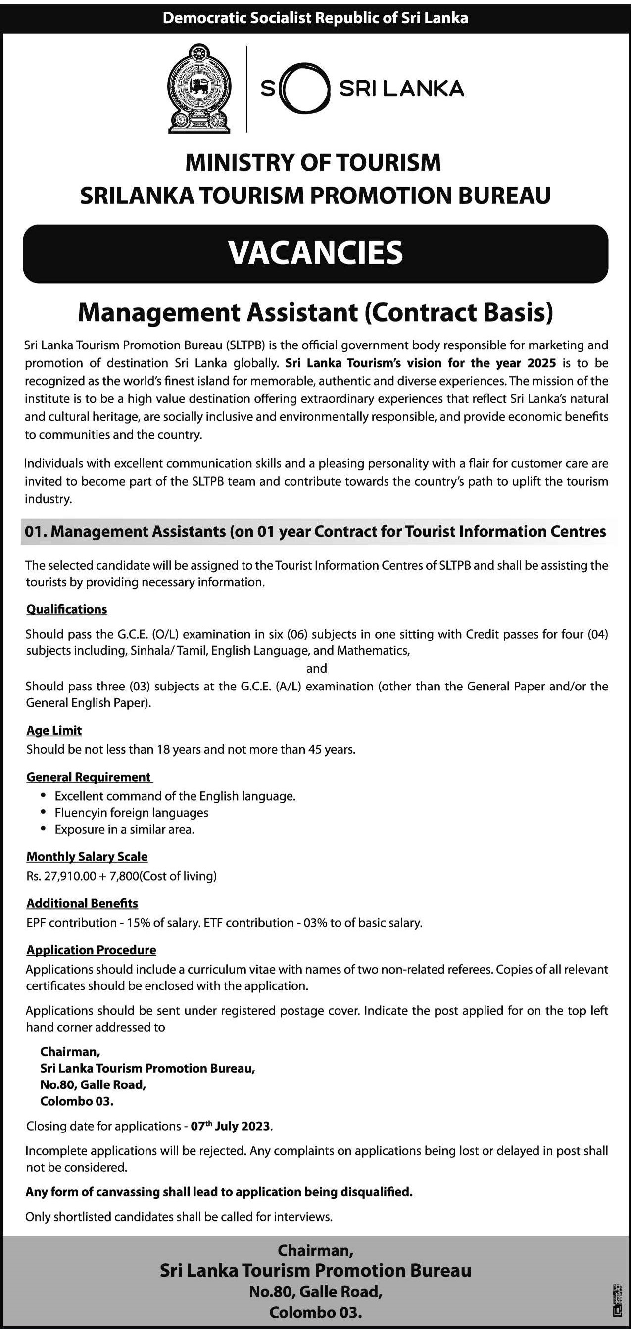 Management Assistant - Sri Lanka Tourism Promotion Bureau