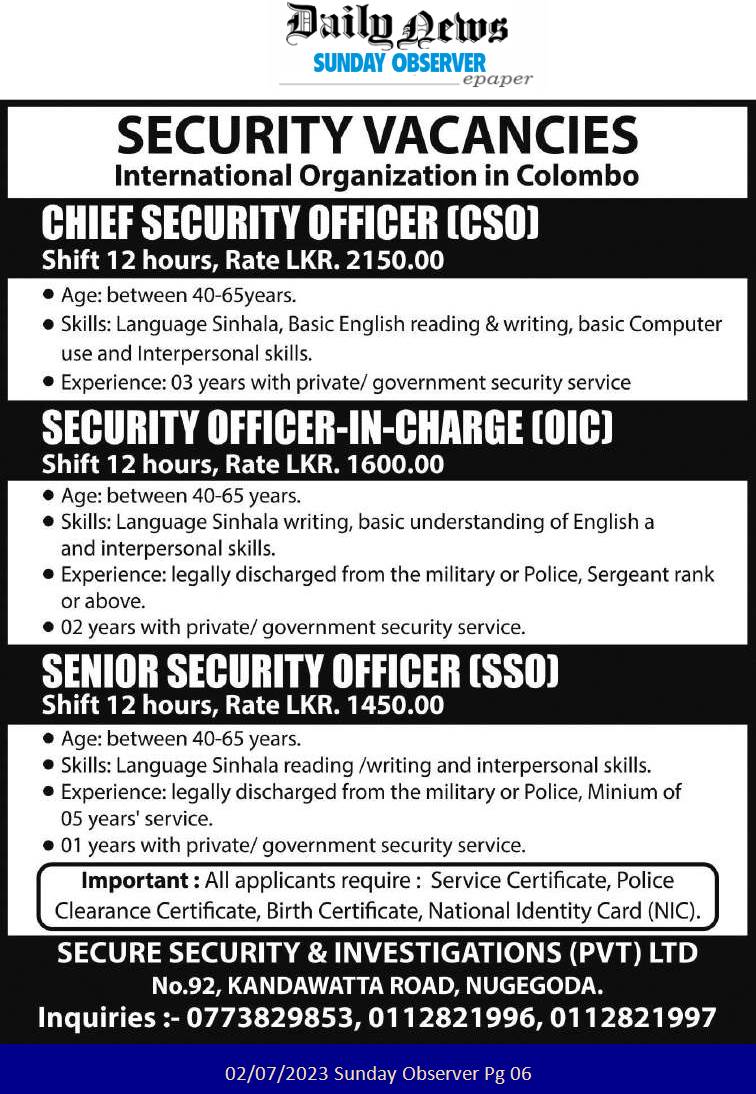 Chief Security Officer, Senior Security Officer, Security Officer in Charge - Secure Security & Investigations (Pvt) Ltd