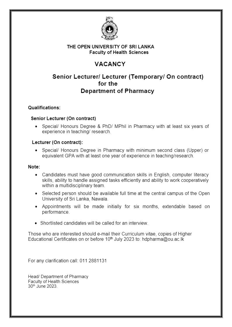 Senior Lecturer, Lecturer - Open University of Sri Lanka