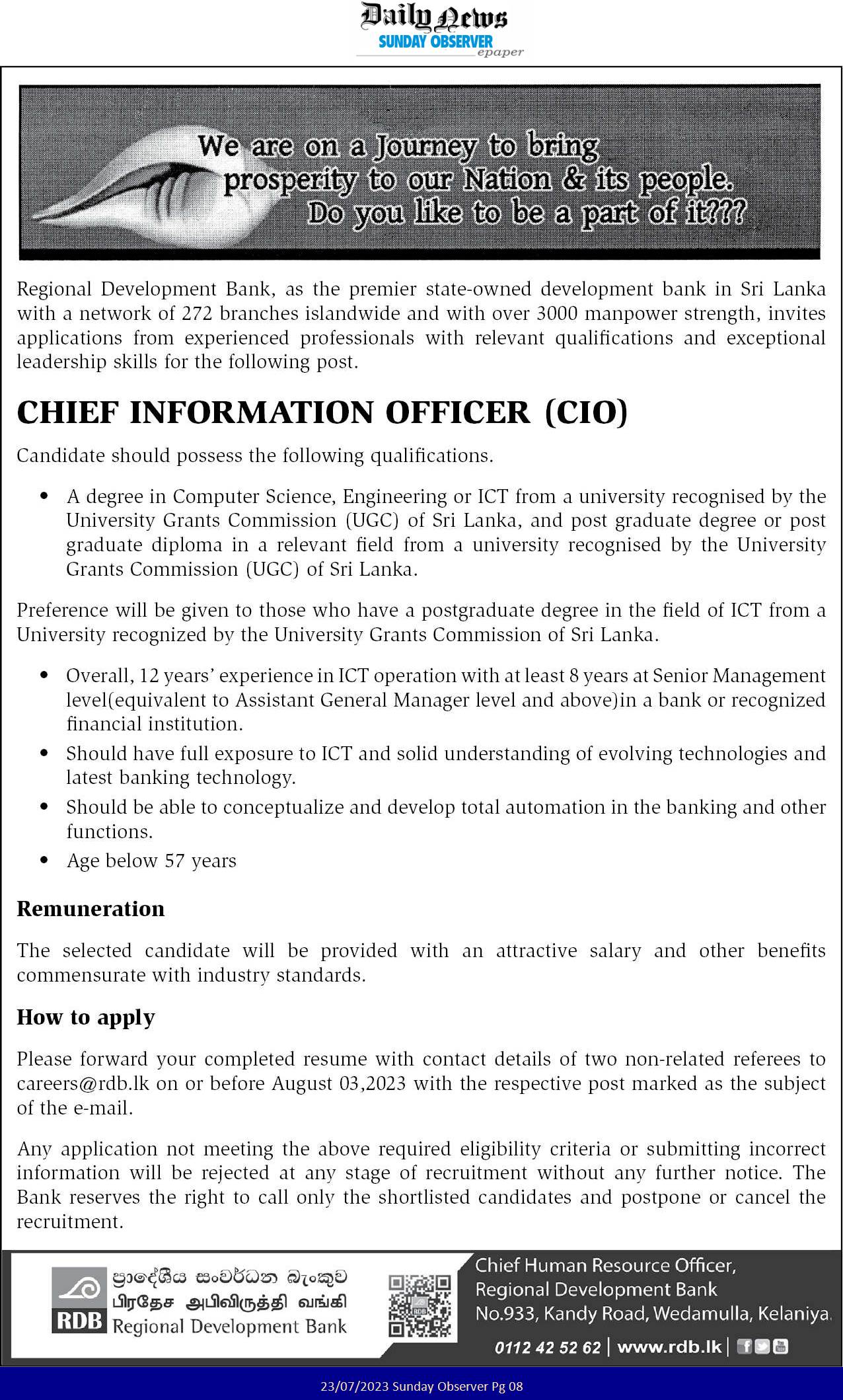 Chief Information Officer - Regional Development Bank