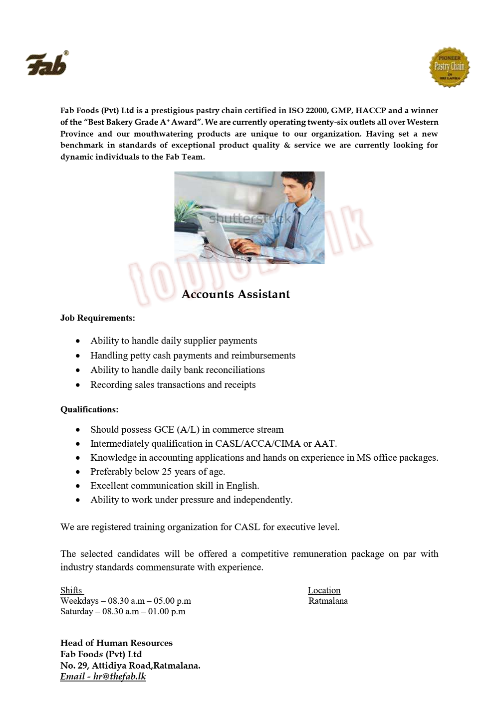 Accounts Assistant - Fab Foods (Pvt) Ltd