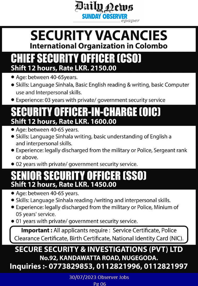 Chief Security Officer, Security Officer, Senior Security Officer - Secure Security & Investigations (Pvt) Ltd